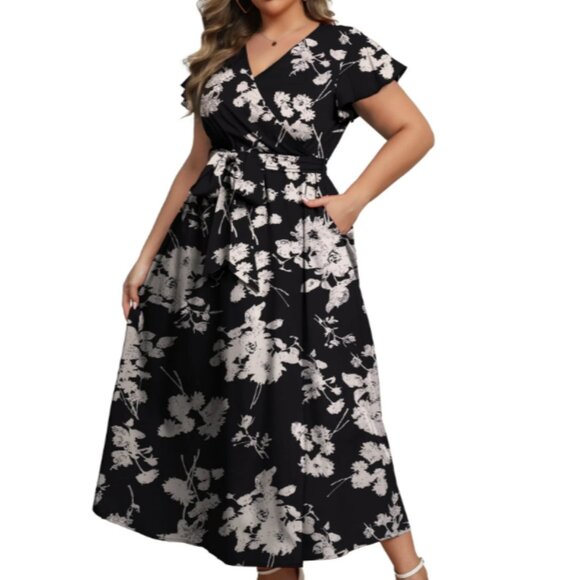 Women's Maxi Dress Plus Size 1X Flutter Sleeve Floral Print V Neckline Flowy - Picture 1 of 6